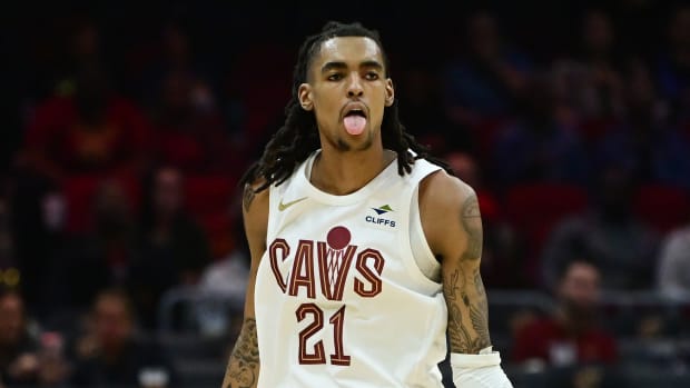 Oct 12, 2023; Cleveland, Ohio, USA; Cleveland Cavaliers forward Emoni Bates (21) celebrates after hitting a three point basket during the second half against the Orlando Magic at Rocket Mortgage FieldHouse.